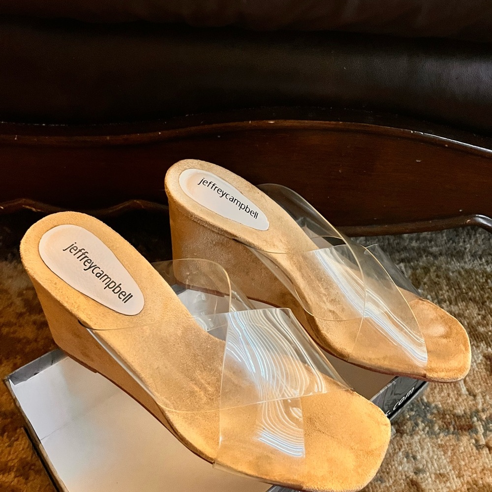 Jeffrey Campbell Clear Strap Tan Suede Wedge Thong Sandal - Picture 4 of 7